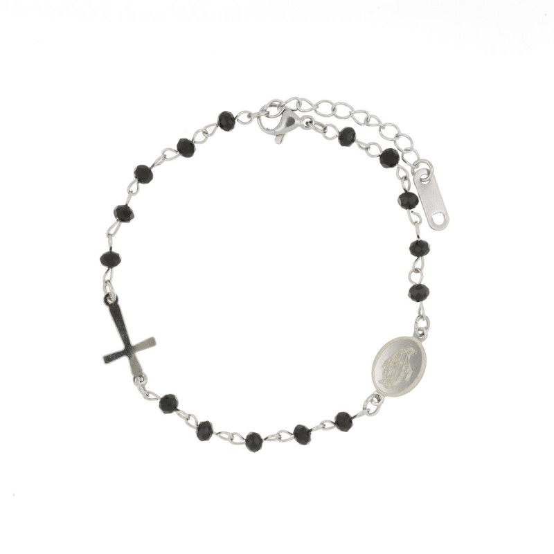 BRACCIALE ROSARIO CM 18+3 CON PIETRE NERE IN ACCIAIO