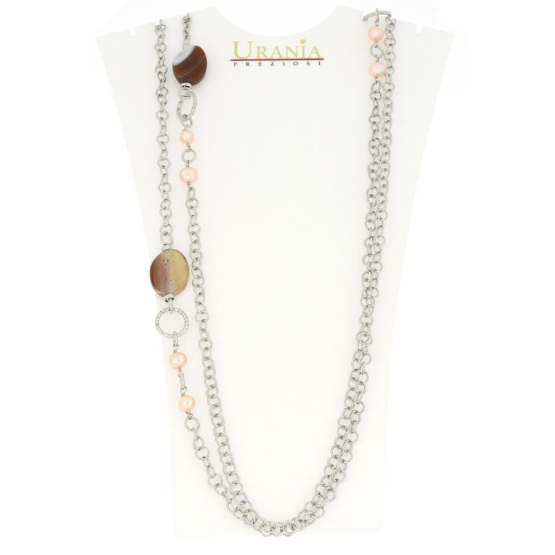 COLLANA "GIOIA" RODIATO CM 96 CON PIETRE E PERLE IN OTTONE