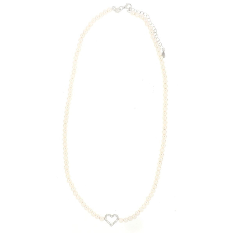 COLLANA CM 41+3 PERLA MM 4 CUORE MM 10 IN ARGENTO 925