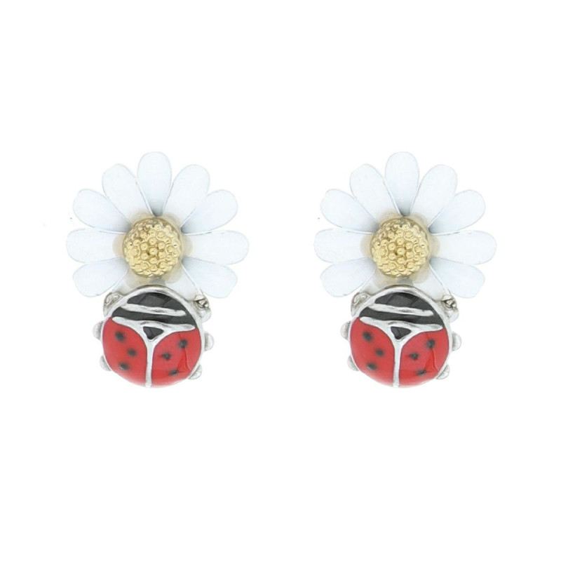 ORECCHINI MM 12X10 PORTAFORTUNA FIORE E COCCINELLA IN ACCIAIO