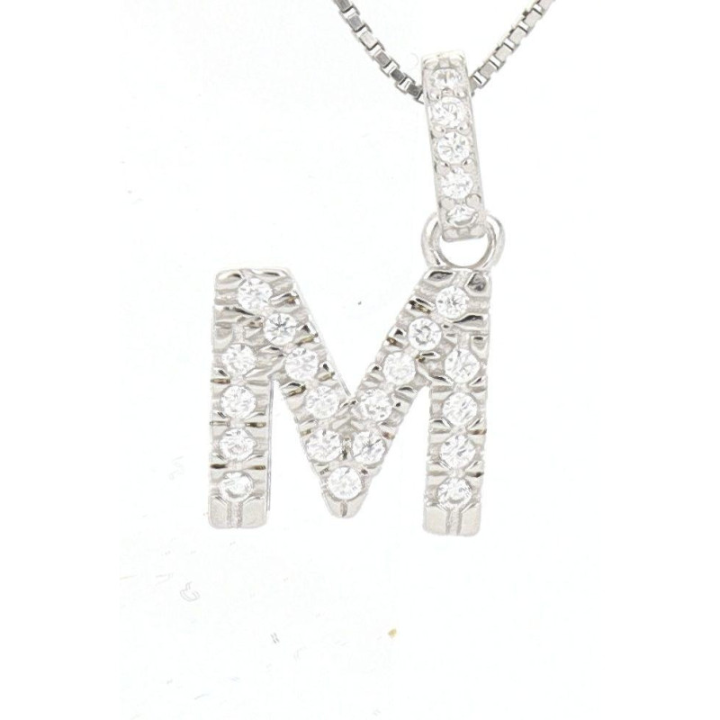 PENDENTE LETTERA M MM 14 IN ARGENTO ZIRCONATO + CATENA